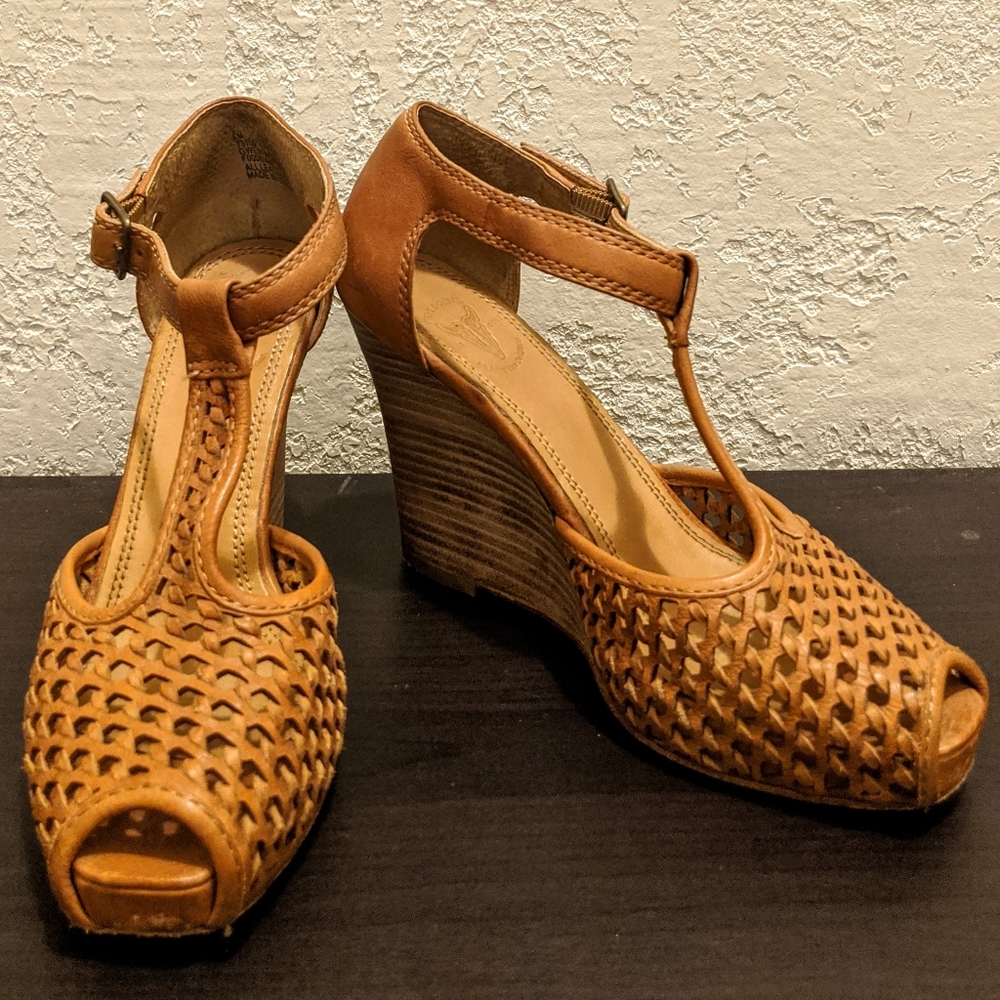Leather Woven T-Strap Wedges